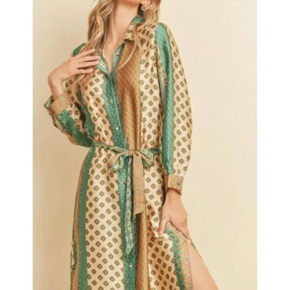 Dress Forum Sasha Border Print Satin Shirt Dress sz S - Picture 4 of 9